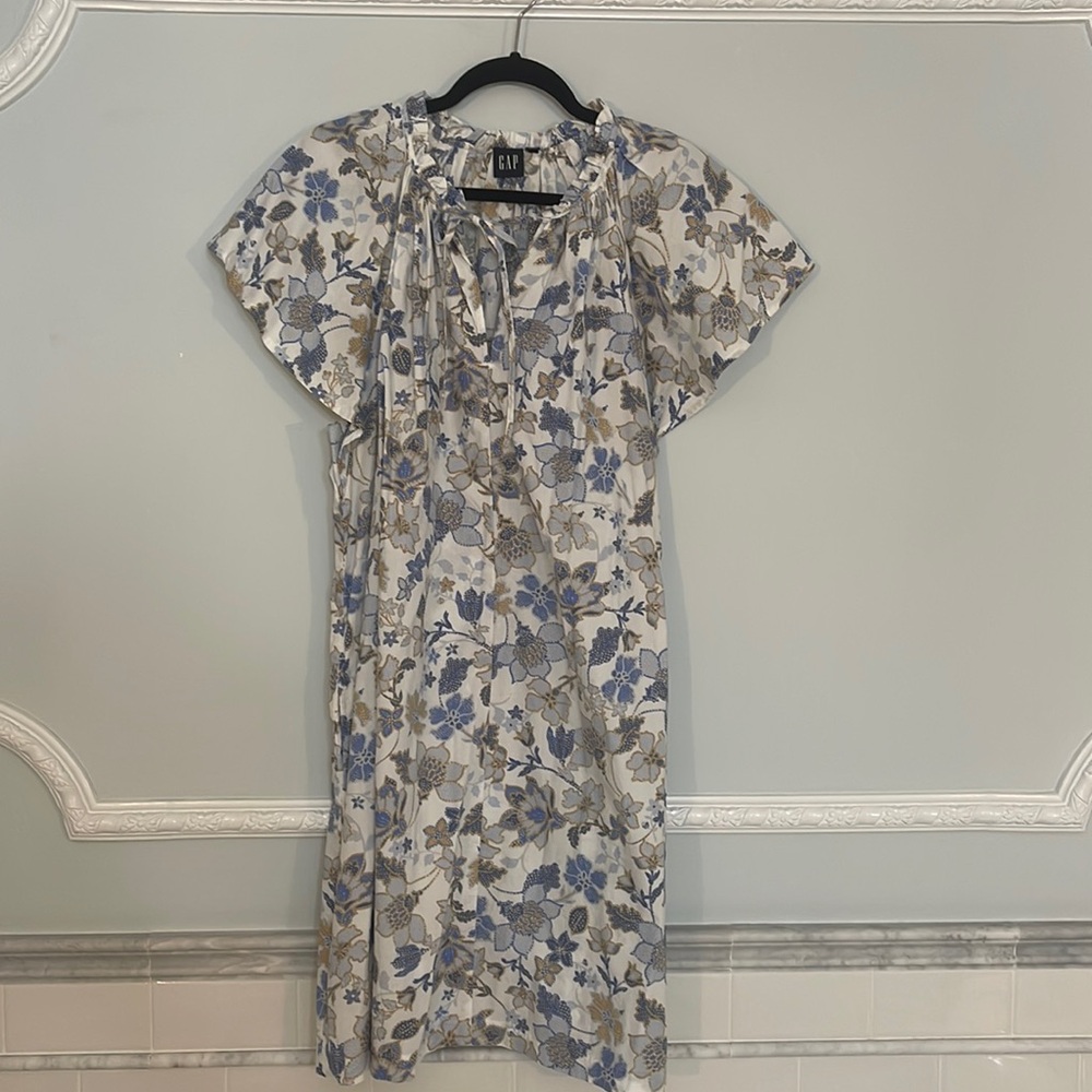 Floral Tie-Neck Women’s Dress - Blue & Beige